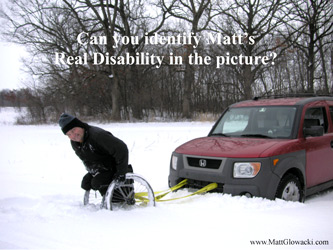 Matt pulling a car through snow