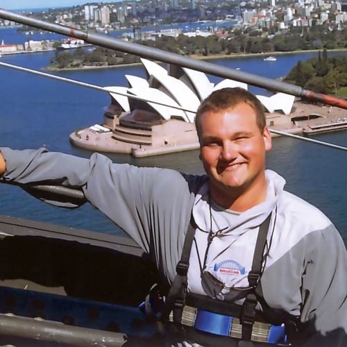 Matt at top of Austrailian Sydney Harbour bridge